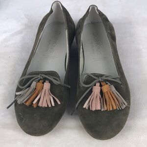 Women's Suede Tassel Loafers - Olive Green. Made in Spain.